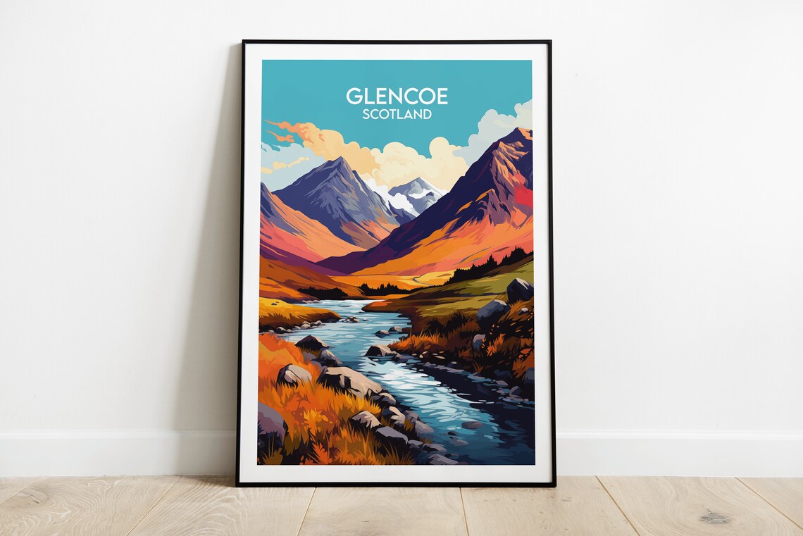 Glencoe Scotland Mountain Valley Stream Vintage Travel Poster
