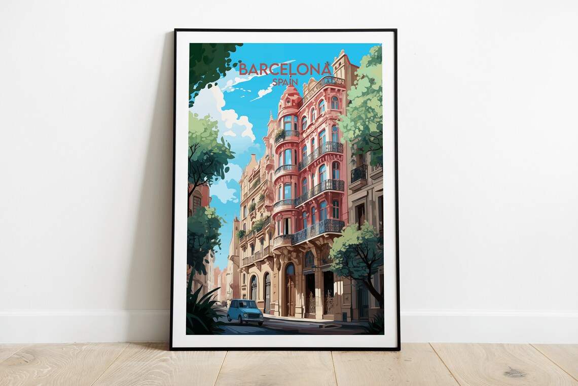 Barcelona Spain Pink Modernist Building Street Scene Travel Poster