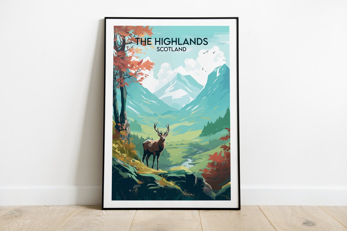 Scottish Highlands Stag Deer Mountain Glen Autumn Travel Poster