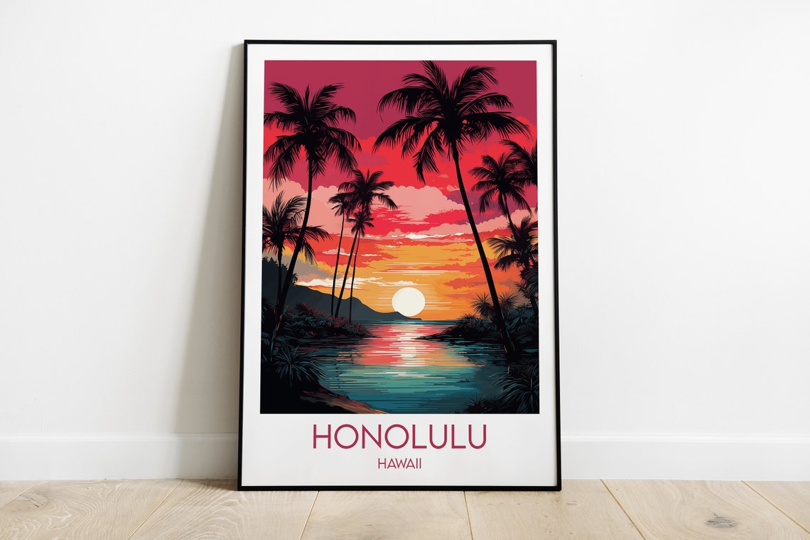 Honolulu Hawaii Vibrant Red Sunset Palm Silhouette Ocean Poster