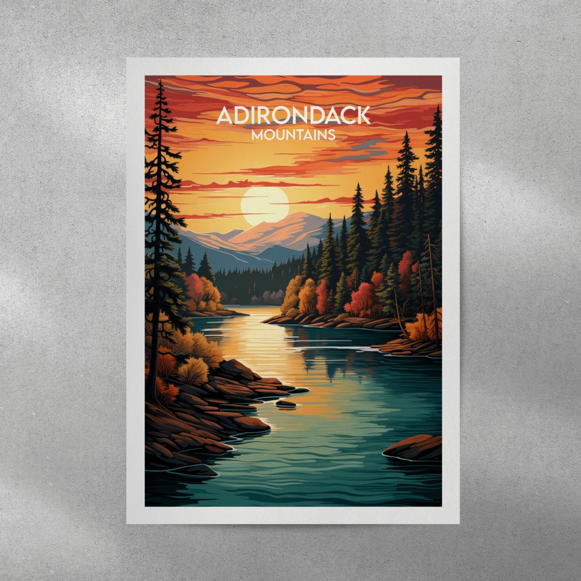 Adirondack Mountains Sunset Lake Pines Evening Travel Poster - Image 3