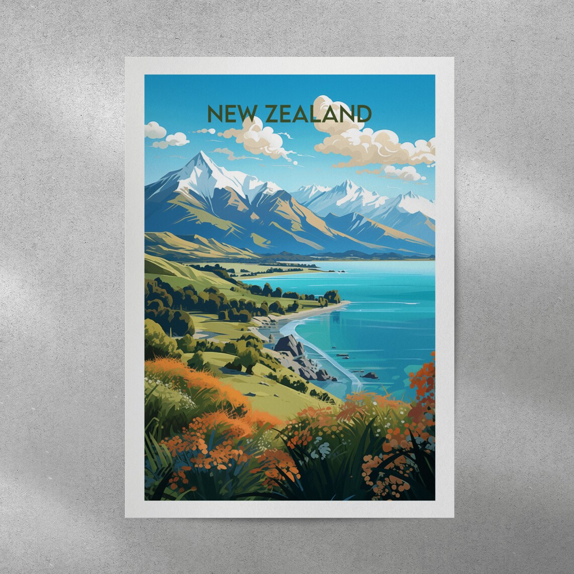 New Zealand Lake Taupo Snowy Peaks Turquoise Bay Scenic Travel Poster - Image 3