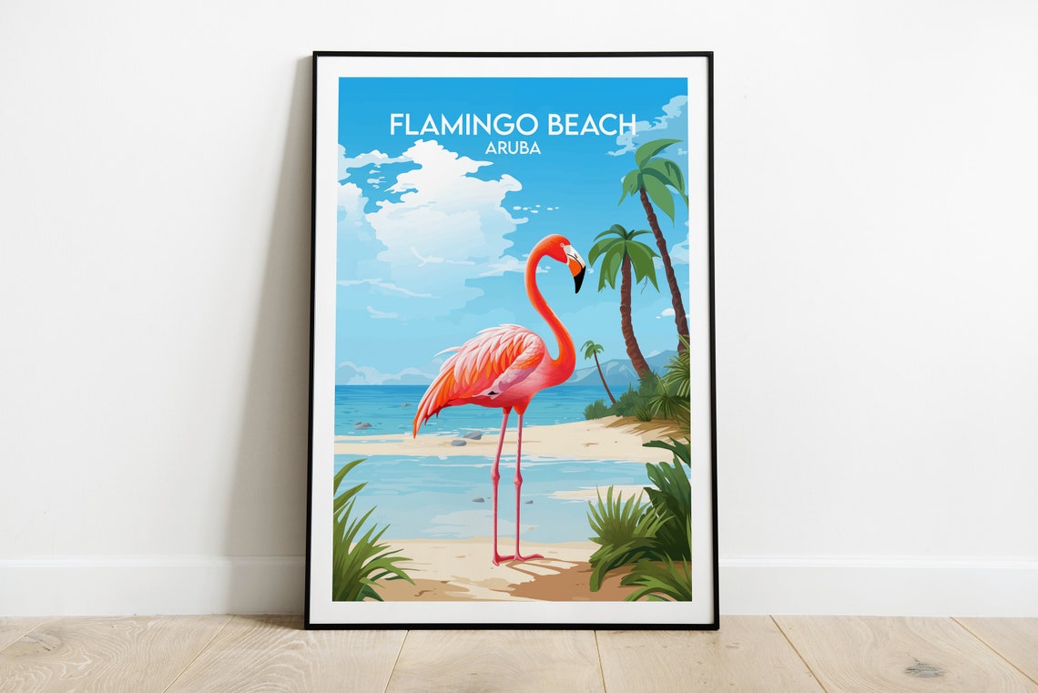 Flamingo Beach Aruba Caribbean Pink Flamingo Scene Travel Poster