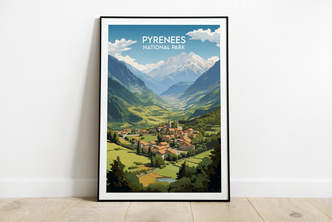 Pyrenees National Park France Vintage Alpine Valley Village Travel Poster