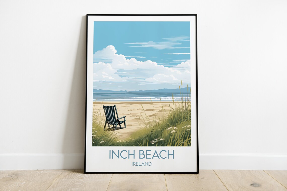 Inch Beach Ireland Sandy Shore Dunes Retro Scenic Travel Poster