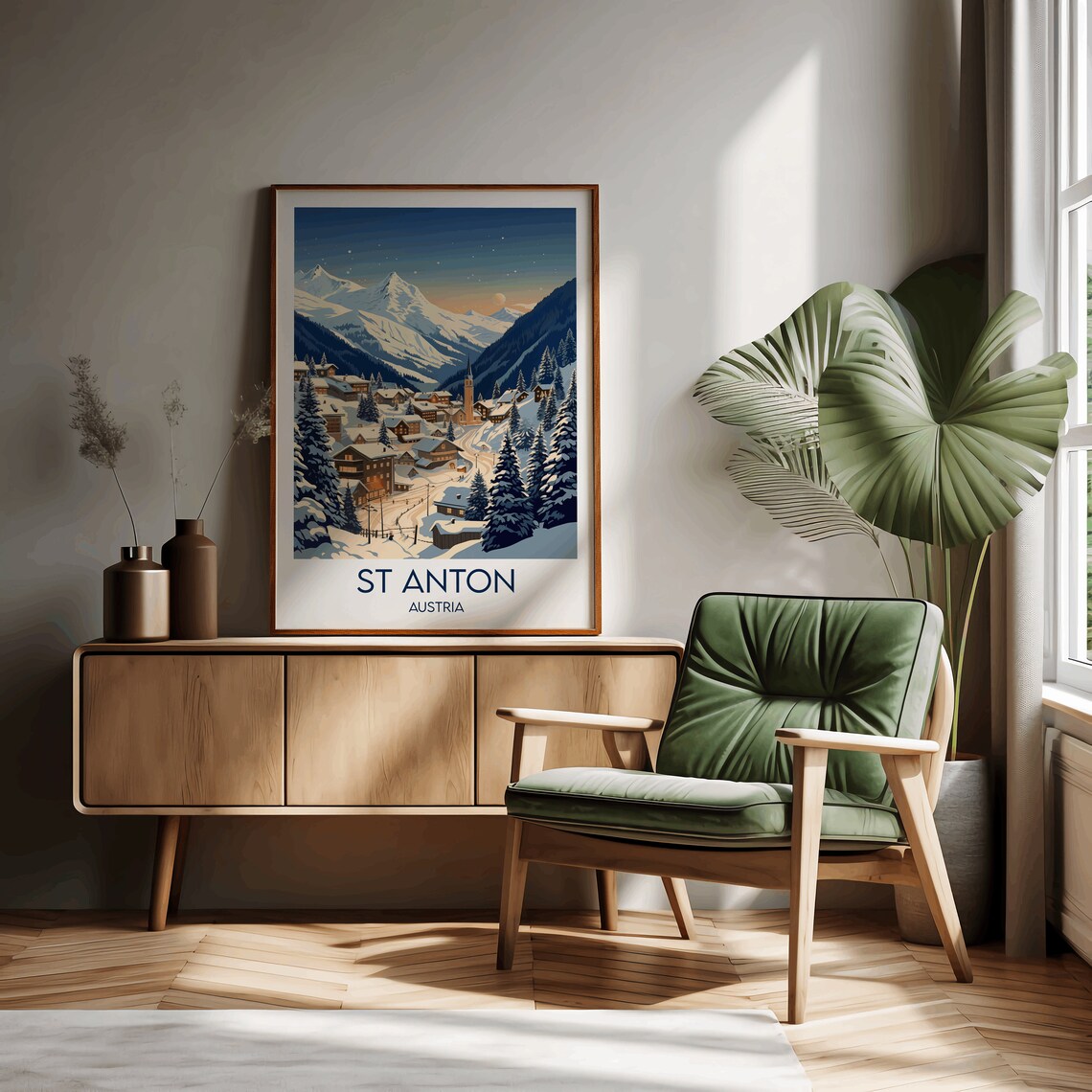 St Anton Austria Alpine Ski Village Twilight Vintage Travel Poster - Image 3