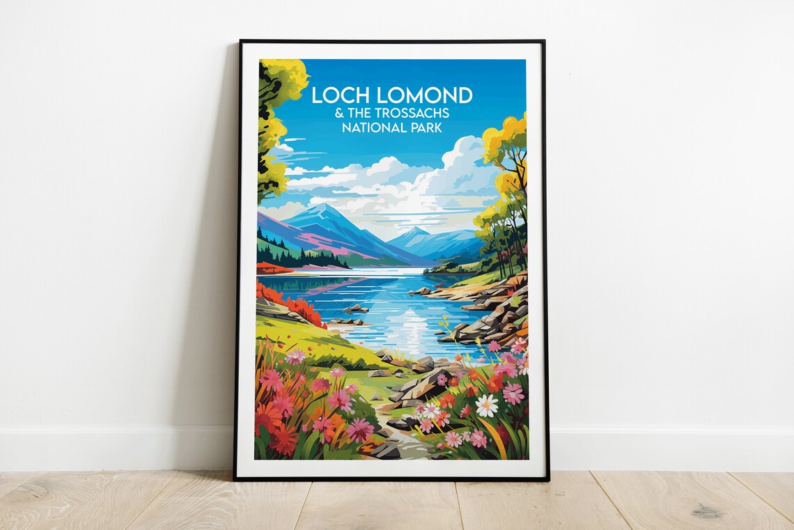 Loch Lomond Trossachs National Park Blue Lake Floral Travel Poster