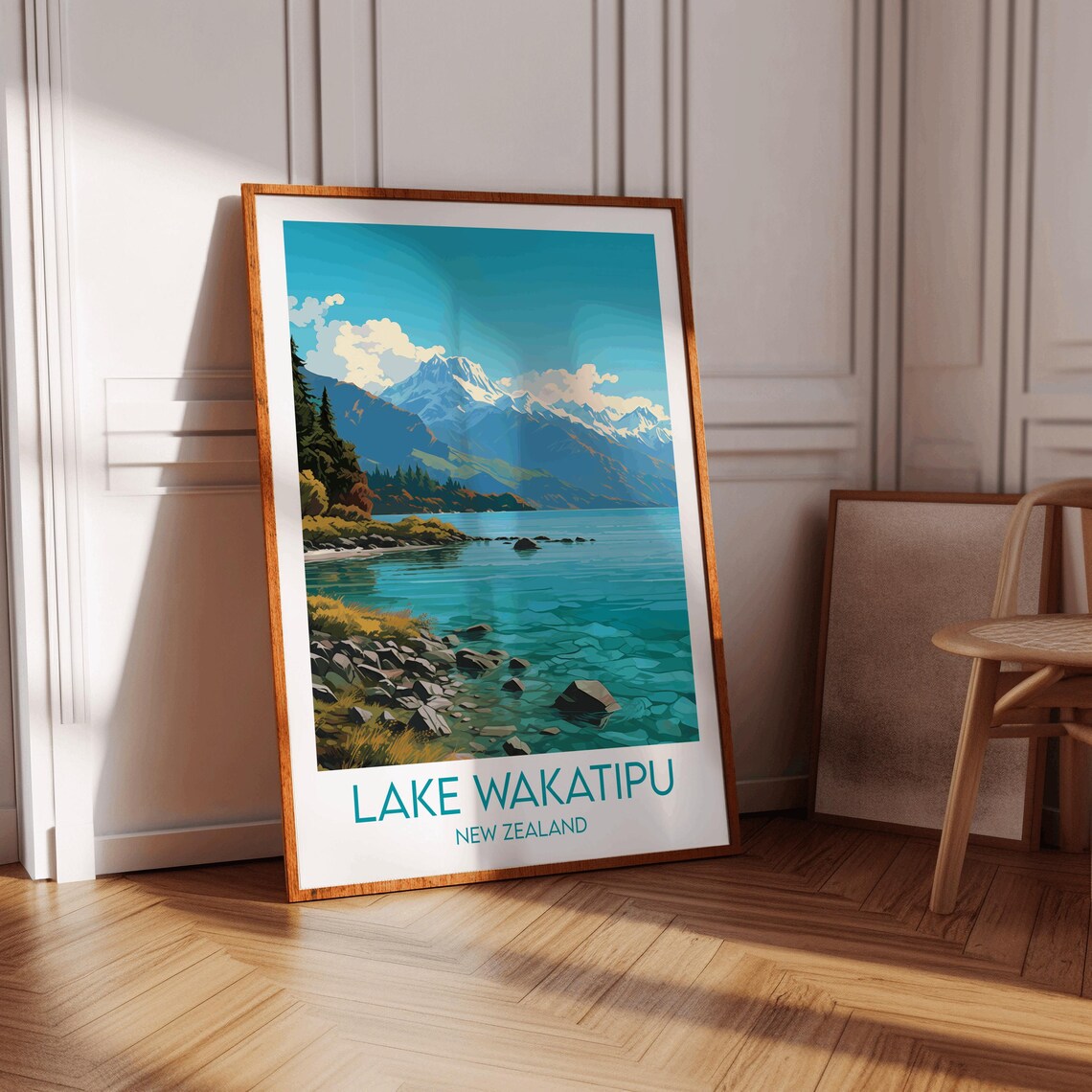 Lake Wakatipu New Zealand Mountain Lake Shore Vintage Poster - Image 3