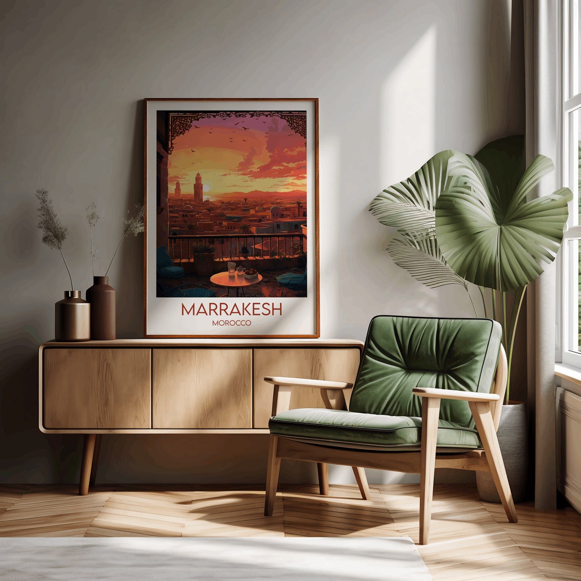 Marrakesh Morocco Sunset Rooftop Terrace Vintage Style Travel Poster - Image 2