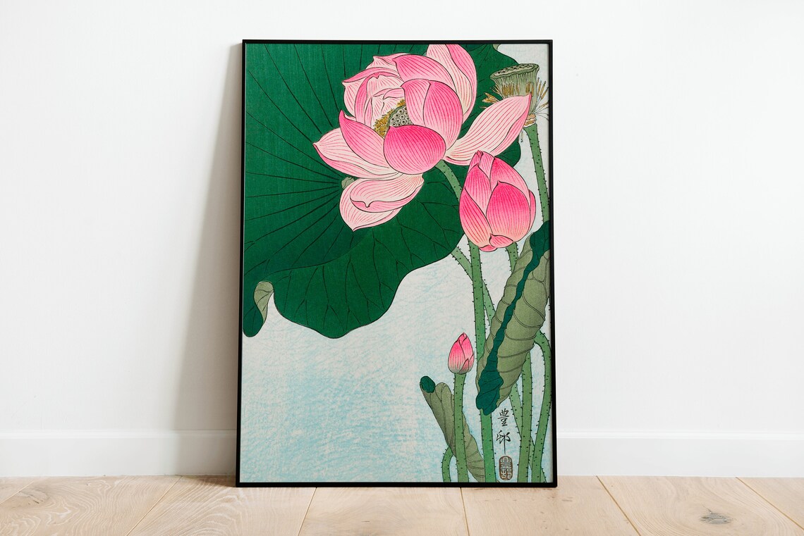 Ohara Koson Pink Lotus Blossom Japanese Woodblock Style Art Print