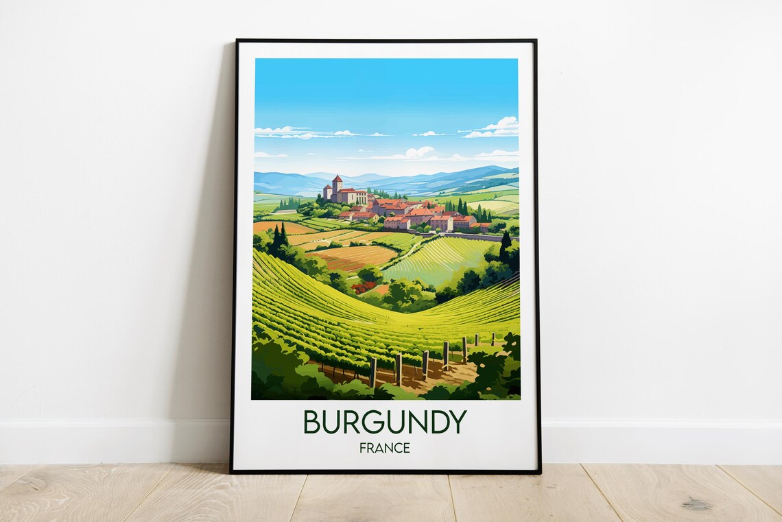 Burgundy France Sunlit Village Hillside Vineyards Travel Poster