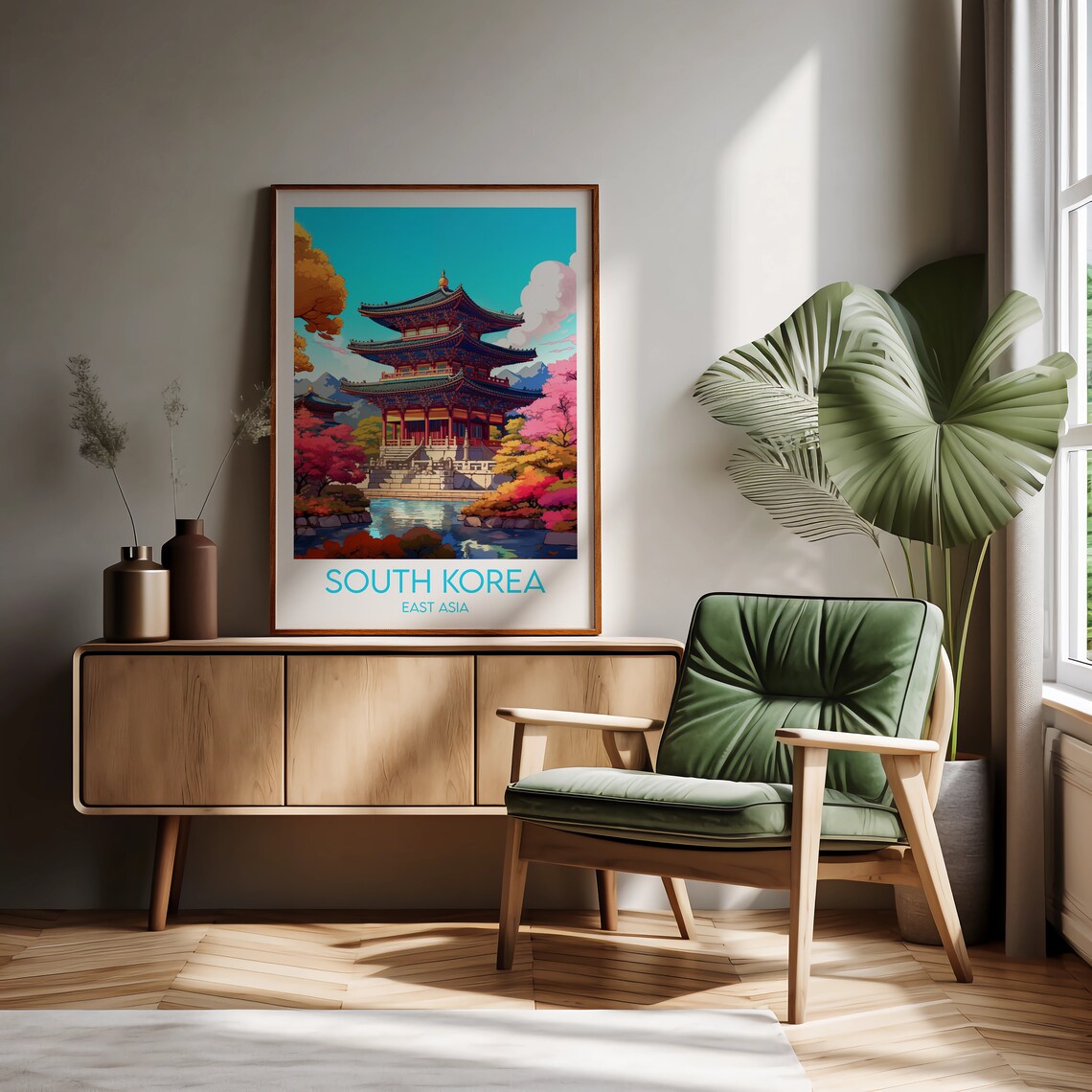 South Korea East Asia Temple Pagoda Pink Blossom Pond Travel Poster - Image 2