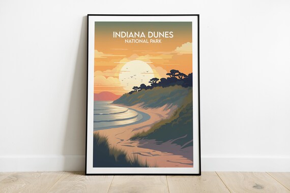 Indiana Dunes National Park Moonlit Beach Dusk Vintage Poster