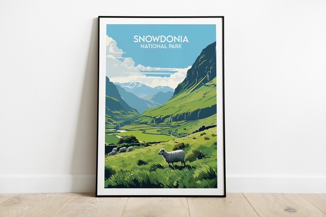 Snowdonia National Park Green Hills Sheep Grazing Poster Art