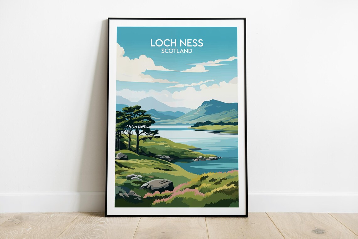 Loch Ness Scotland Blue Sky Lake Mountains Illustrated Travel Poster
