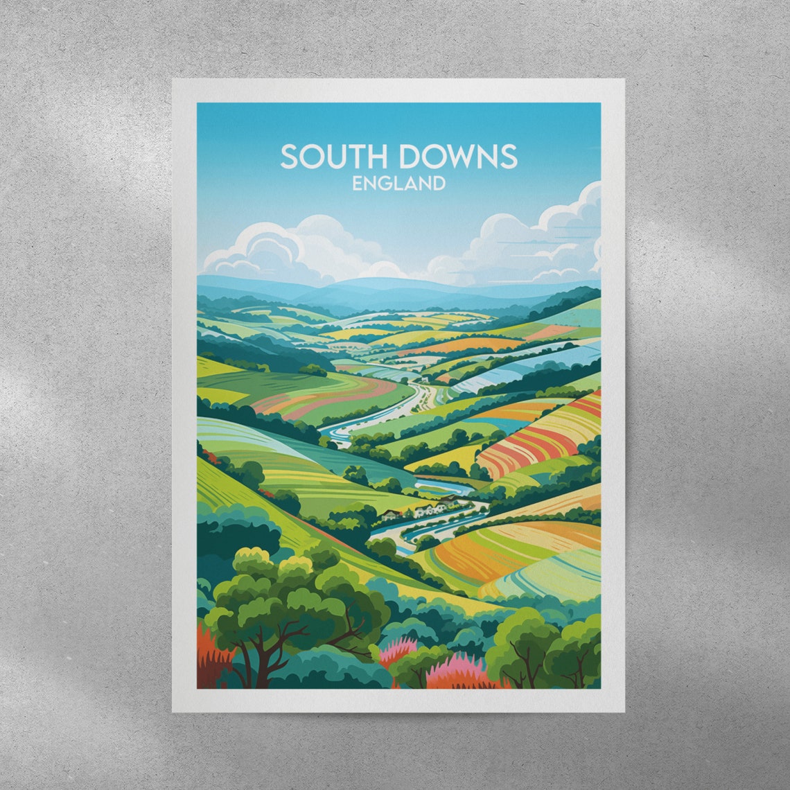 South Downs England Colorful Patchwork Rolling Hills Travel Poster - Image 4