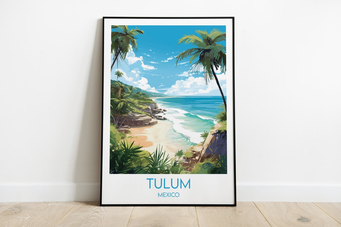 Tulum Mexico Palm Beach Cliffs Caribbean Retro Travel Art Poster