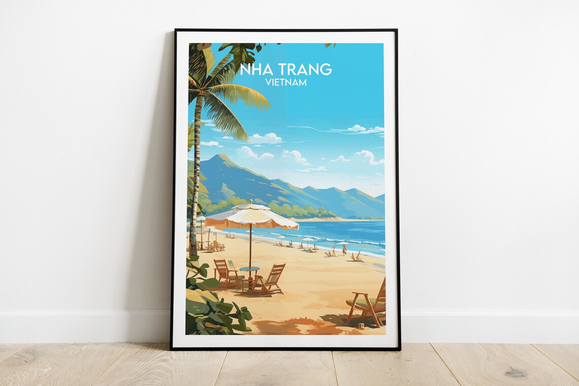 Nha Trang Vietnam Tropical Beach Palm Trees Vintage Travel Poster