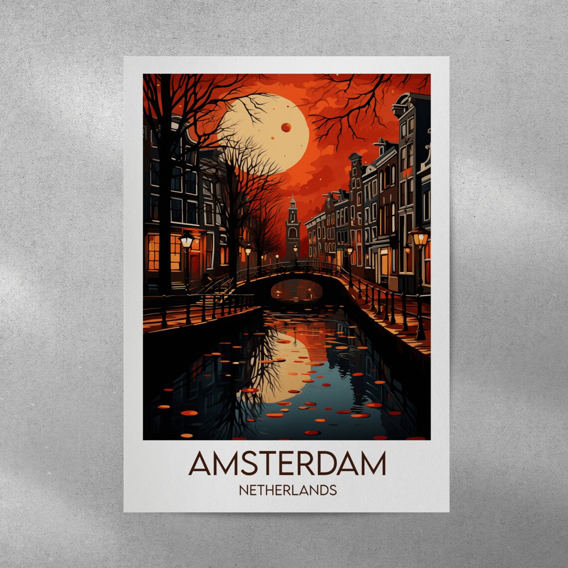Amsterdam Netherlands Moonlit Canal Bridge Gabled Houses Travel Poster - Image 3