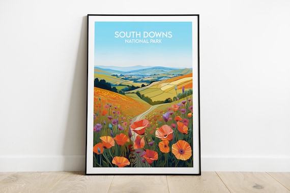 South Downs National Park England Poppy Field Hills Vintage Travel Print