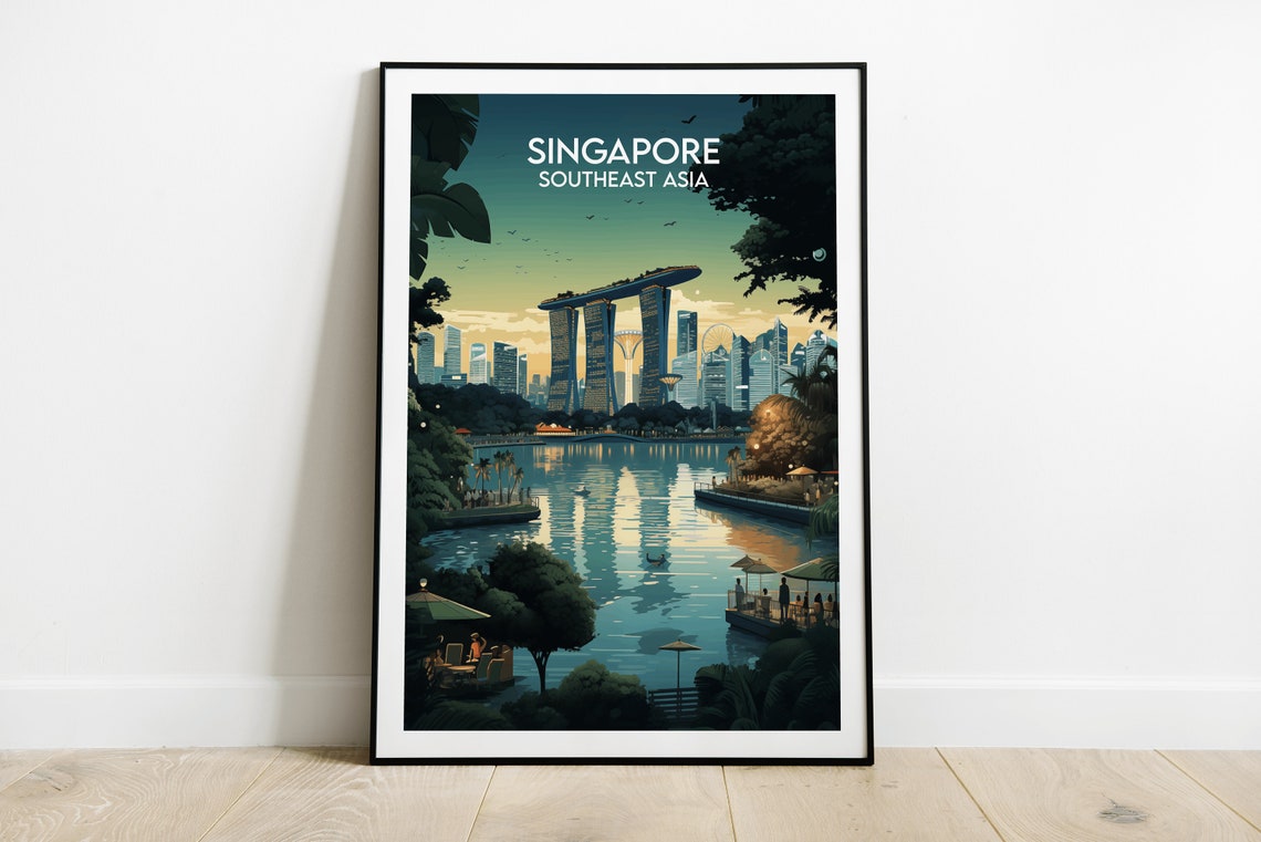 Singapore Marina Bay Dusk Skyline Waterfront Cafe Scene Travel Poster