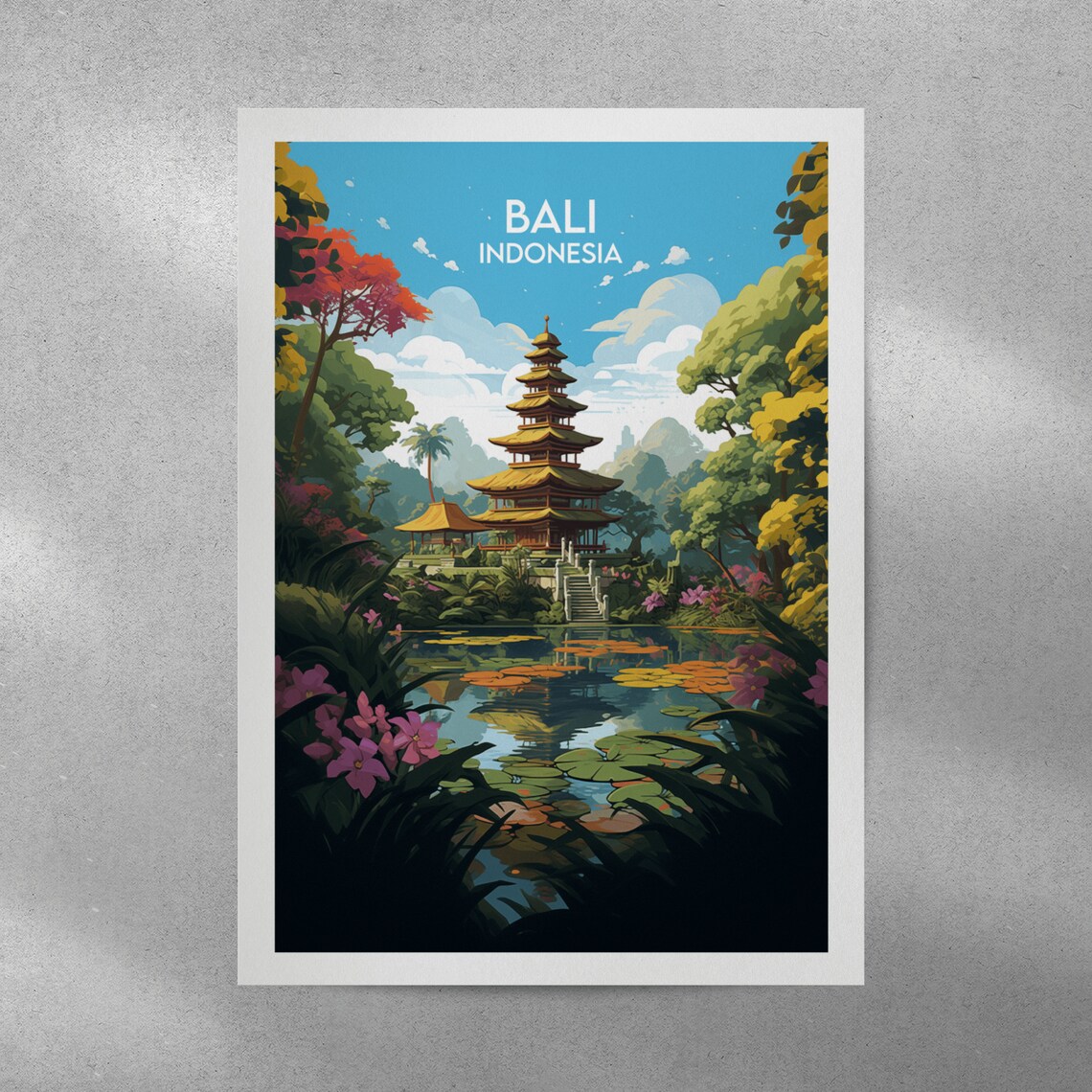 Bali Indonesia Travel Poster Temple Jungle Lotus Pond Artwork - Image 3