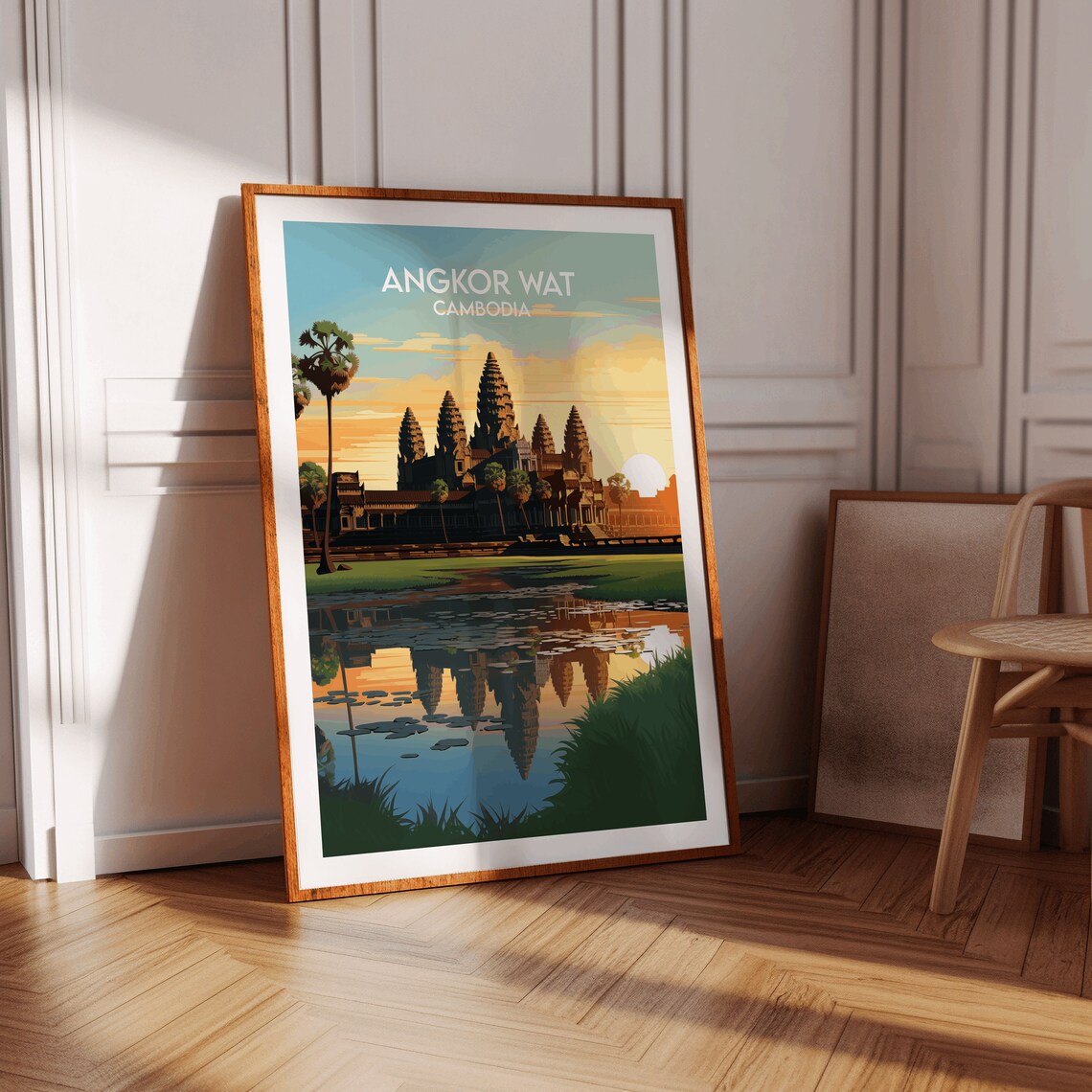 Angkor Wat Cambodia Temple Sunrise Reflection Vintage Travel Poster - Image 3