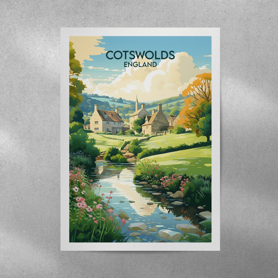 Cotswolds England Village Stream Stone Cottages Countryside Poster - Image 5