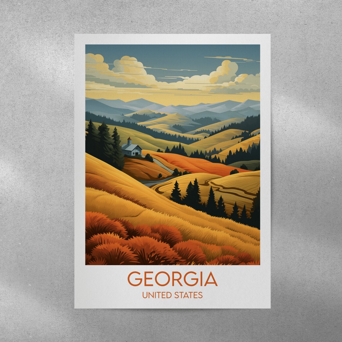Georgia United States Golden Hills Cabin Valley Scenic Poster - Image 3