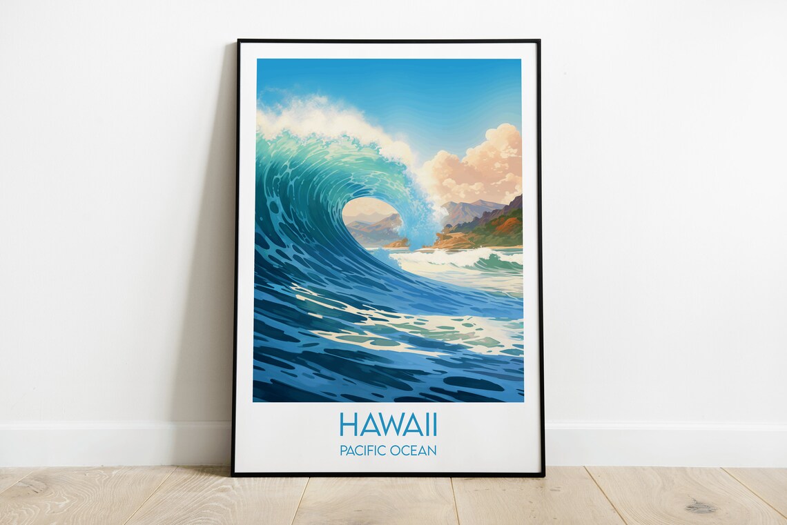 Hawaii Pacific Ocean Giant Surf Barrel Wave Vintage Travel Poster