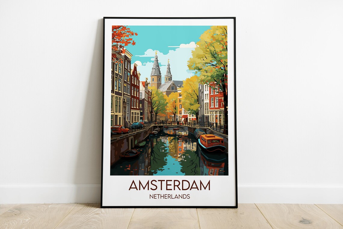 Amsterdam Netherlands Canal Autumn Cityscape Vintage Travel Poster