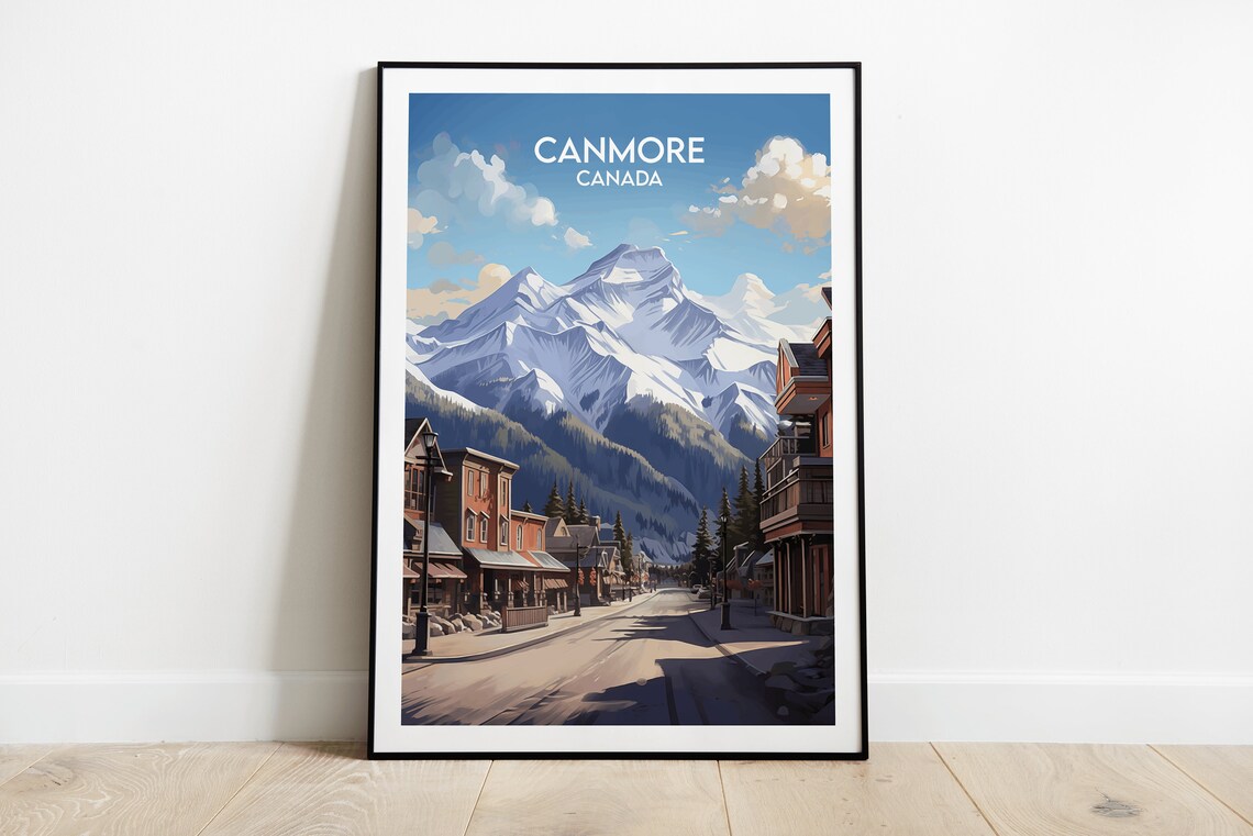 Canmore Canada Mountain Town Street and Snowy Peaks Travel Poster