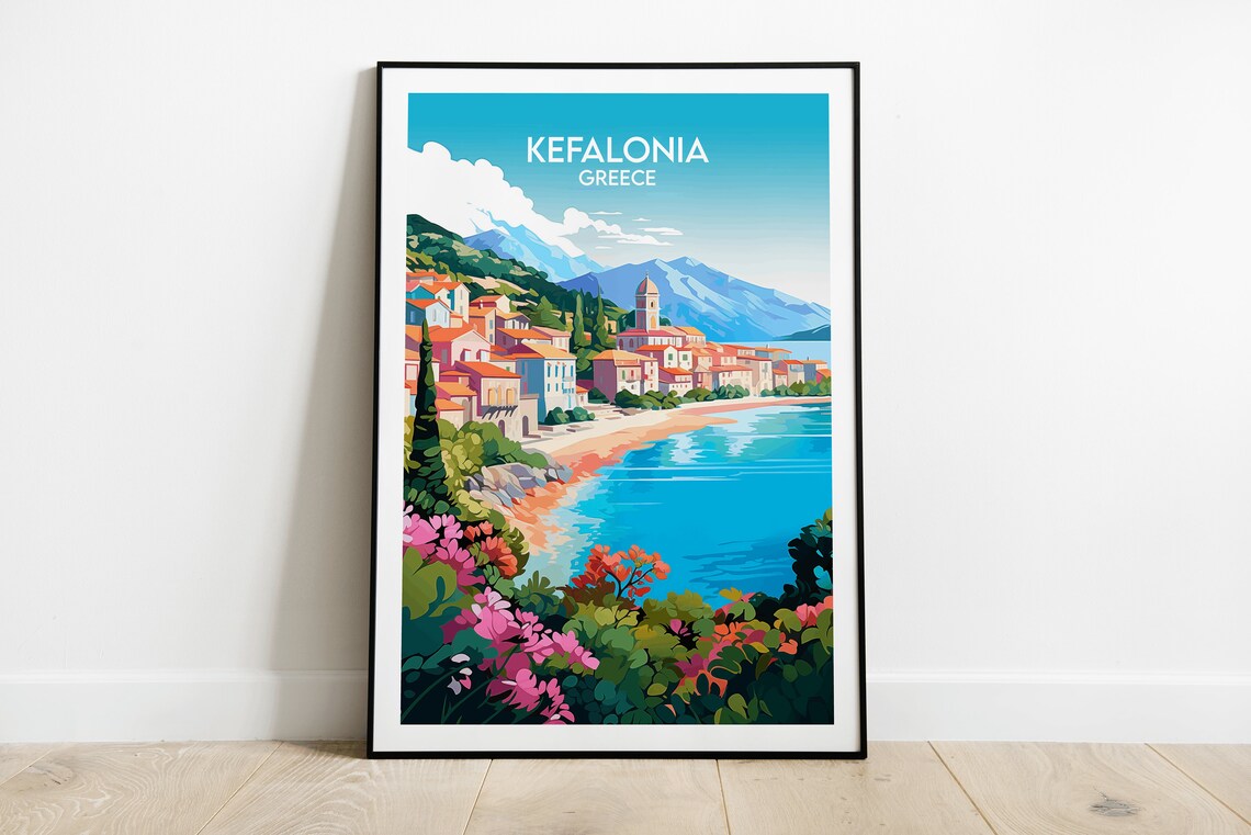 Kefalonia Greece Seaside Village Church Beach Cove Travel Poster