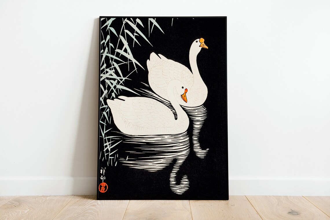 Ohara Koson Two Swans Japanese Woodblock Print Night Scene Artwork