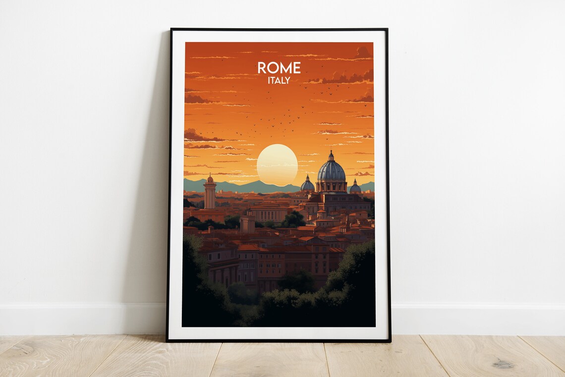 Rome Italy St Peters Basilica Sunset Skyline Vintage Travel Poster