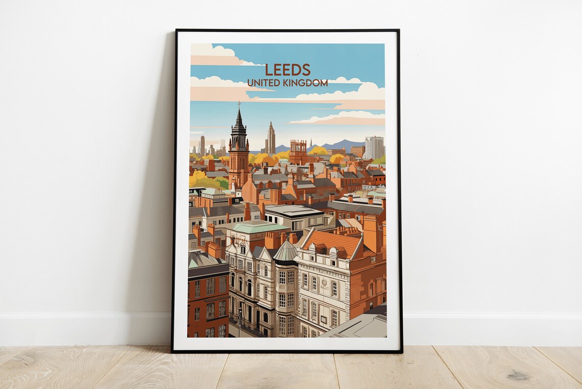 Leeds United Kingdom Historic Rooftops Skyline Vintage Travel Poster