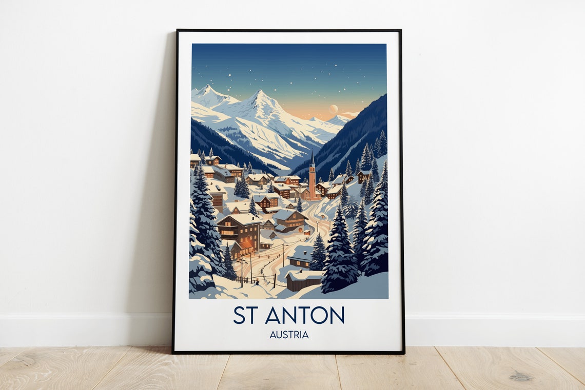 St Anton Austria Alpine Ski Village Twilight Vintage Travel Poster