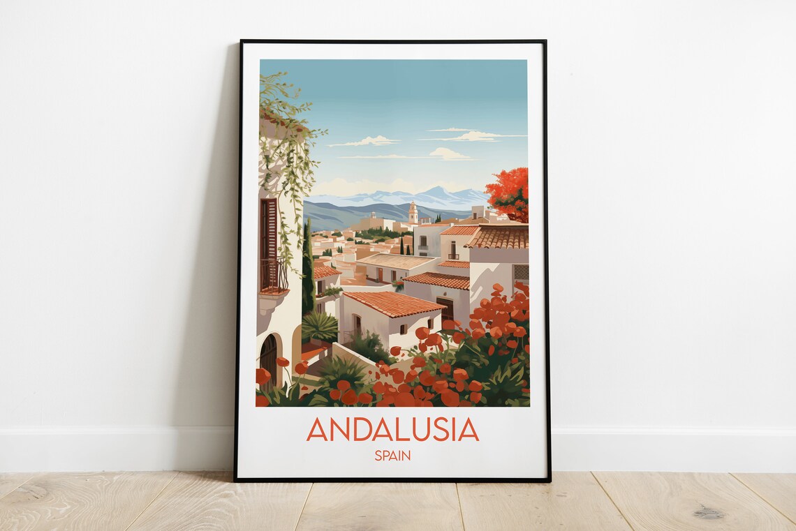 Andalusia Spain Whitewashed Village Hillside Retro Travel Poster