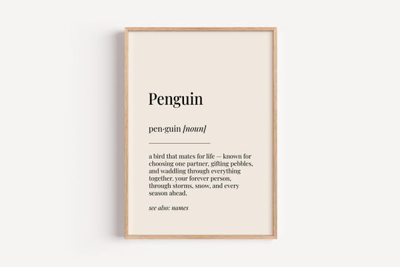Penguin Definition Print Dictionary Poster Love Anniversary Wall Art Funny Gift For Him Her
