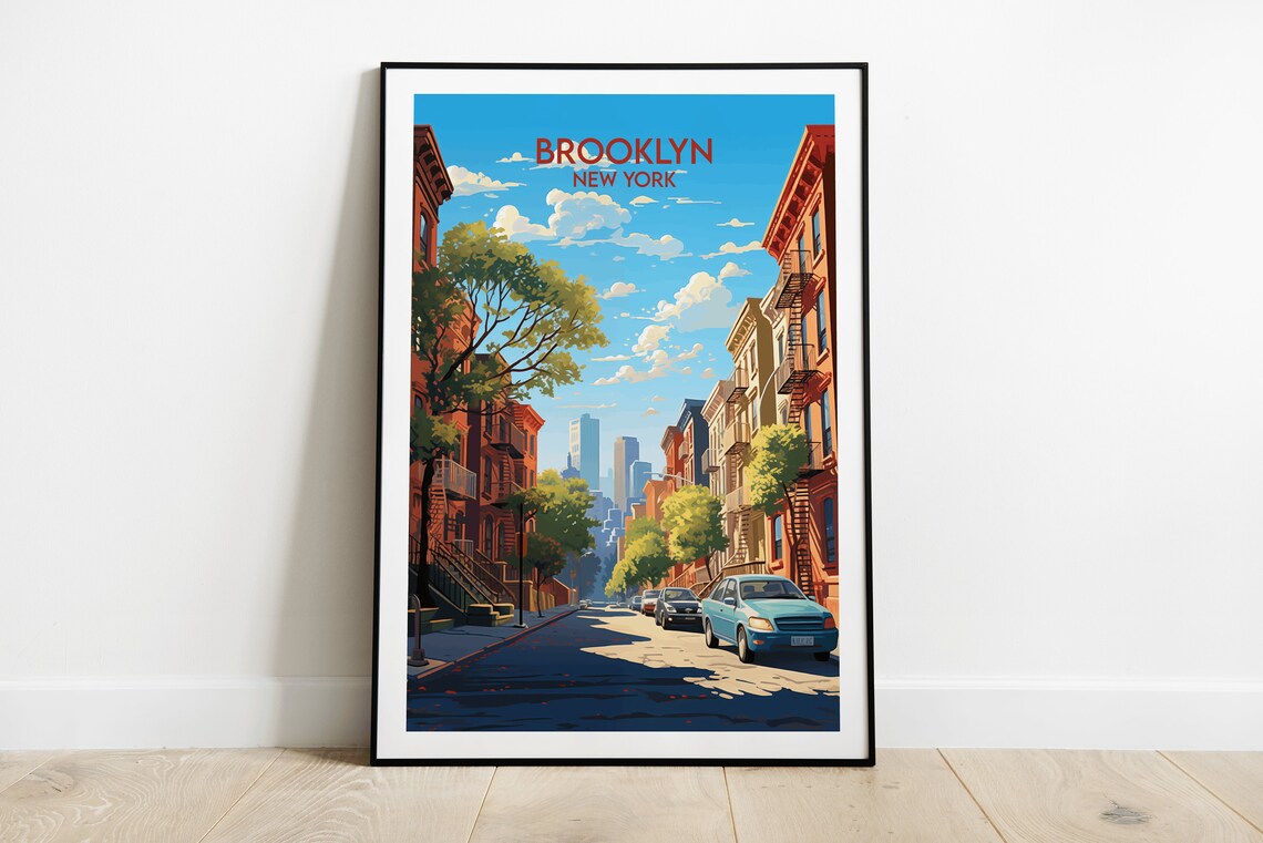 Brooklyn New York Street Scene With Skyline Vintage Travel Poster