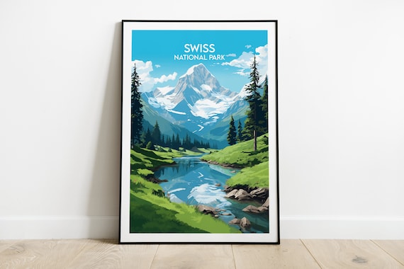 Swiss National Park Snow Peak Meadow Travel Poster Alpine Scene