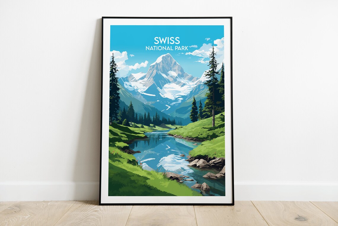 Swiss National Park Snow Peak Meadow Travel Poster Alpine Scene