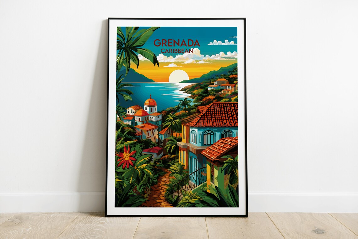 Grenada Caribbean Coastal Town Sunset Vintage Travel Art Poster