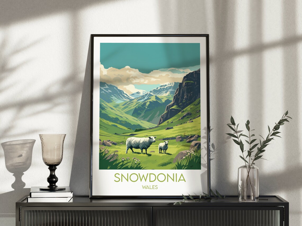 Snowdonia Wales Green Mountain Valley Sheep Grazing Travel Poster - Image 5