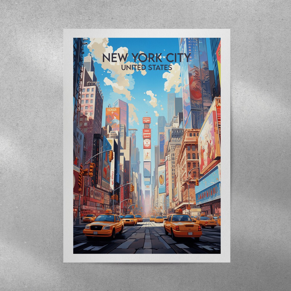 New York City Times Square Yellow Cabs Retro Illustrated Travel Poster - Image 3