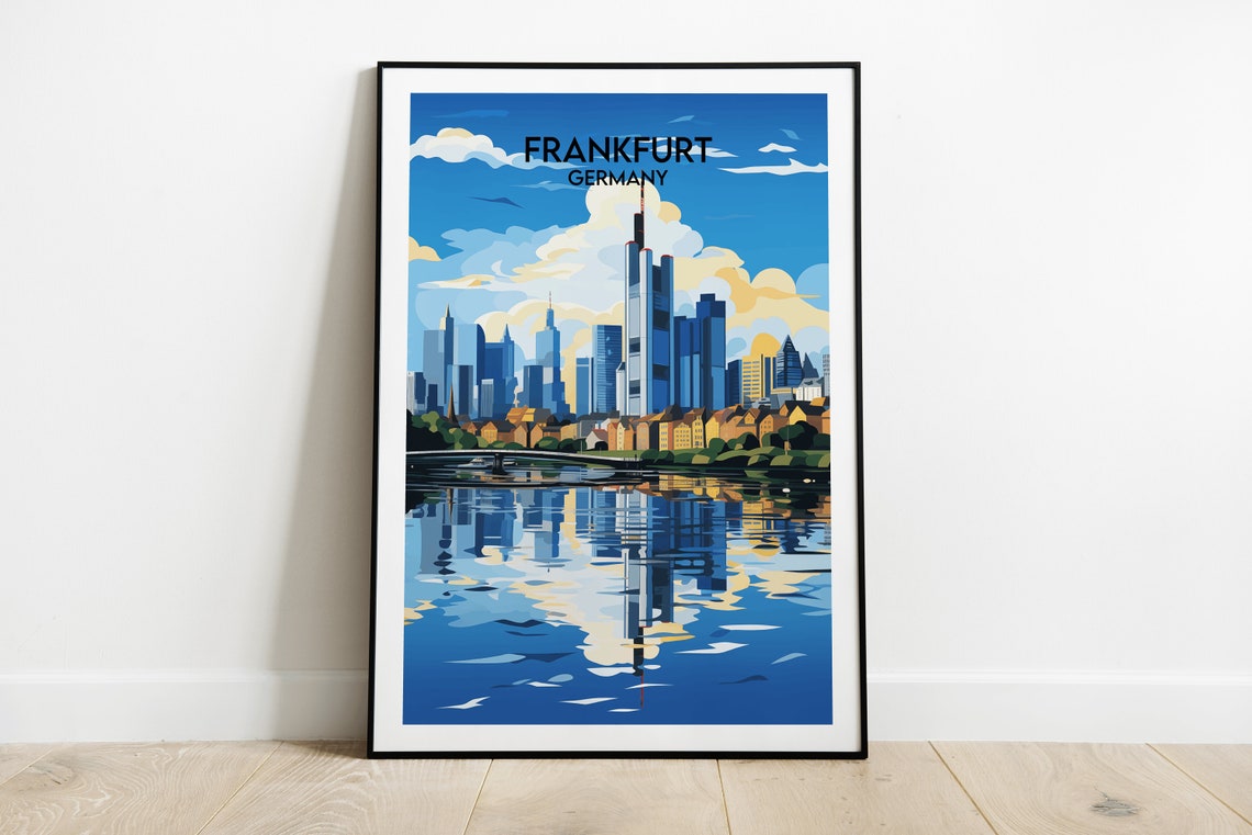 Frankfurt Germany Skyline River Reflection Modern Travel Poster Art