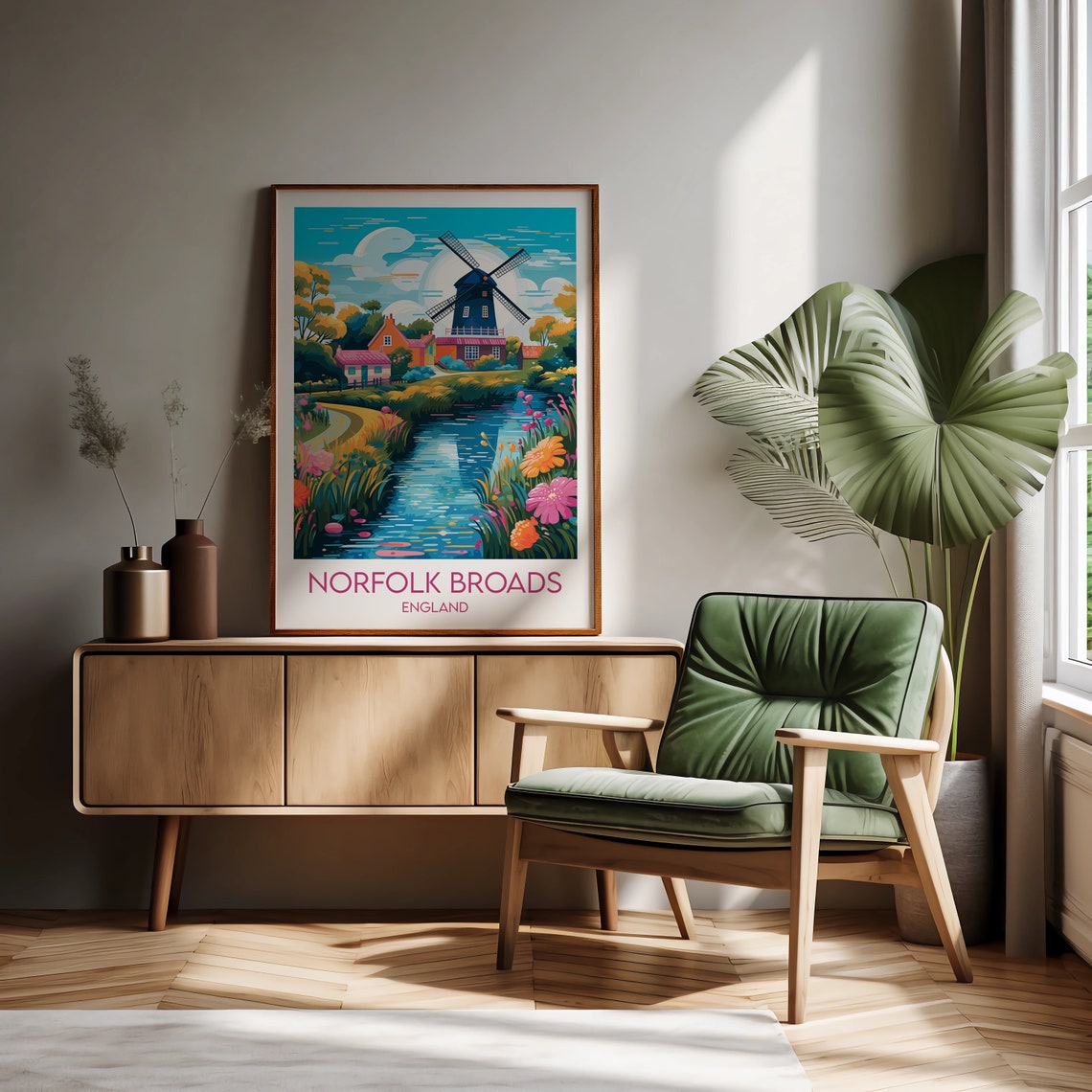 Norfolk Broads England Windmill River Wildflowers Travel Art Poster - Image 2