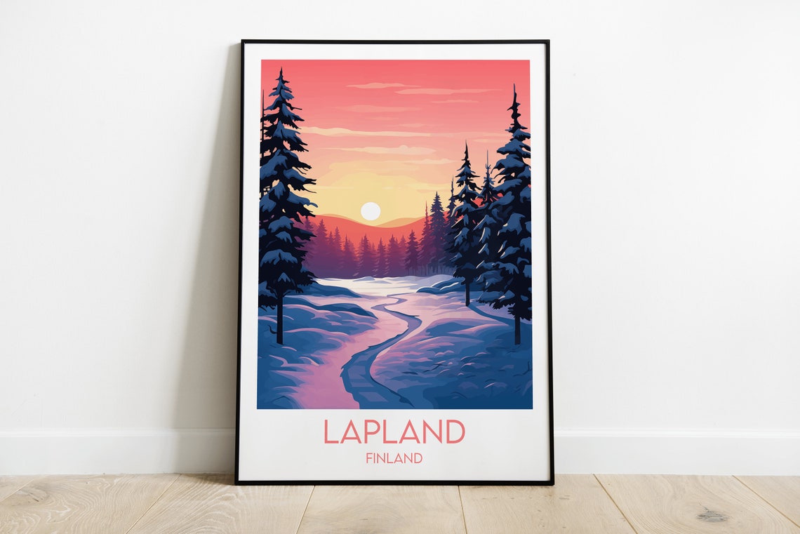 Lapland Finland Snowy Pine Forest Winter Sunset Travel Poster
