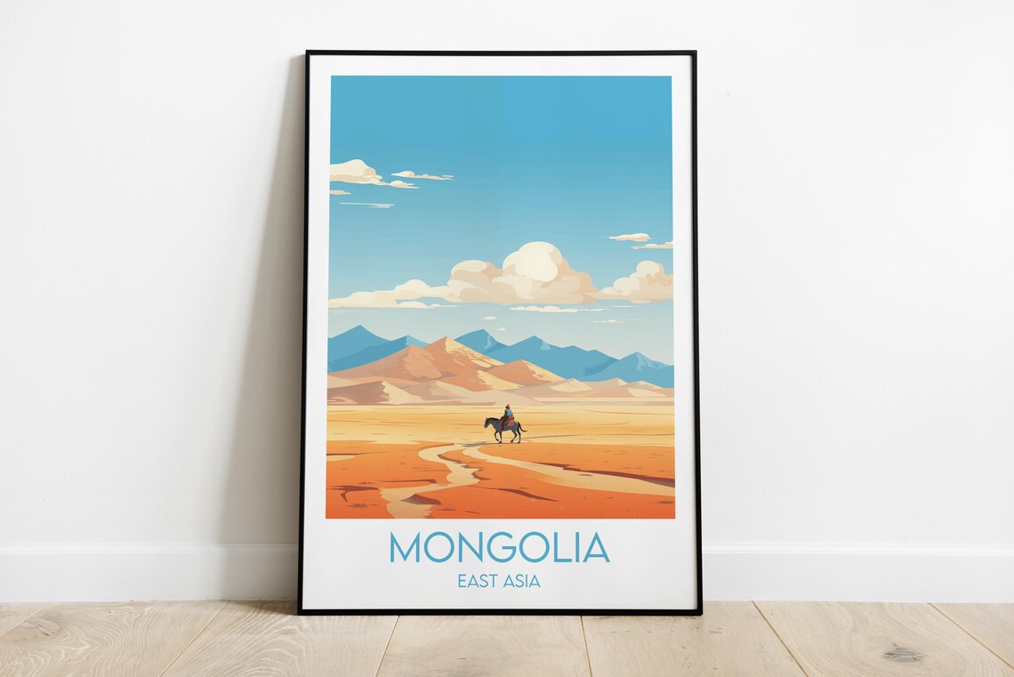Mongolia East Asia Lone Horseman Golden Desert Travel Poster Art