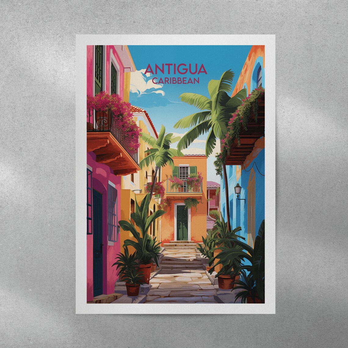 Antigua Caribbean Colorful Street Palms Bougainvillea Travel Poster - Image 3